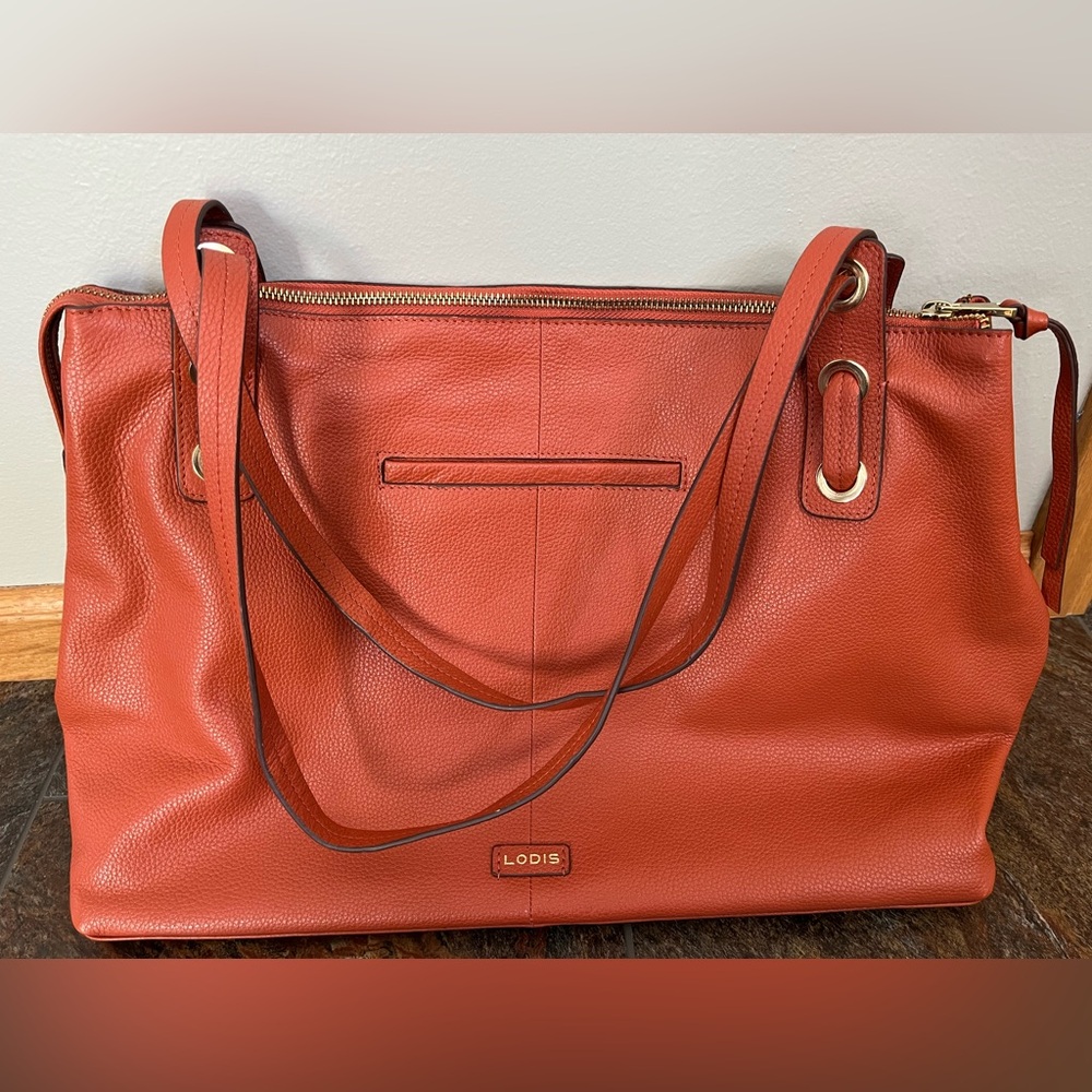 New Lodis Texas leather Amanda 100% leather oversized work tote purse. Orange - Picture 3 of 16